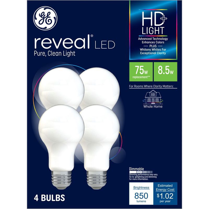 slide 1 of 8, GE Household Lighting GE 4pk 75W Reveal A19 LED Light Bulbs Daylight: Dimmable, 850 Lumens, 2850K, E26 Base, 13.7-Year Life, Suitable for Wet Locations, 4 ct