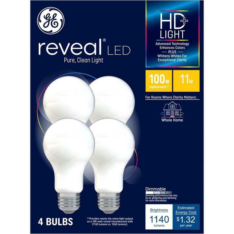 slide 1 of 8, GE Household Lighting GE 4pk 100W Reveal A19 LED Light Bulbs, 4 ct