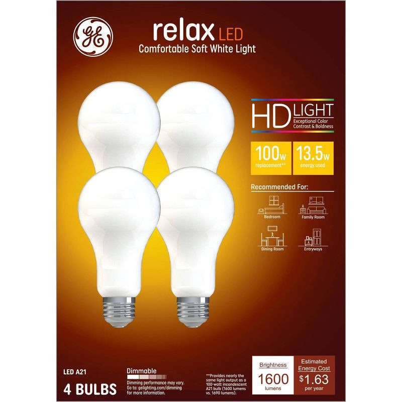 slide 5 of 7, GE Household Lighting GE 4pk 100W Relax A19 LED Light Bulbs Soft White: Dimmable, Energy Star Certified, 1600 Lumens, E26 Base, 13.7-Year Life, 4 ct