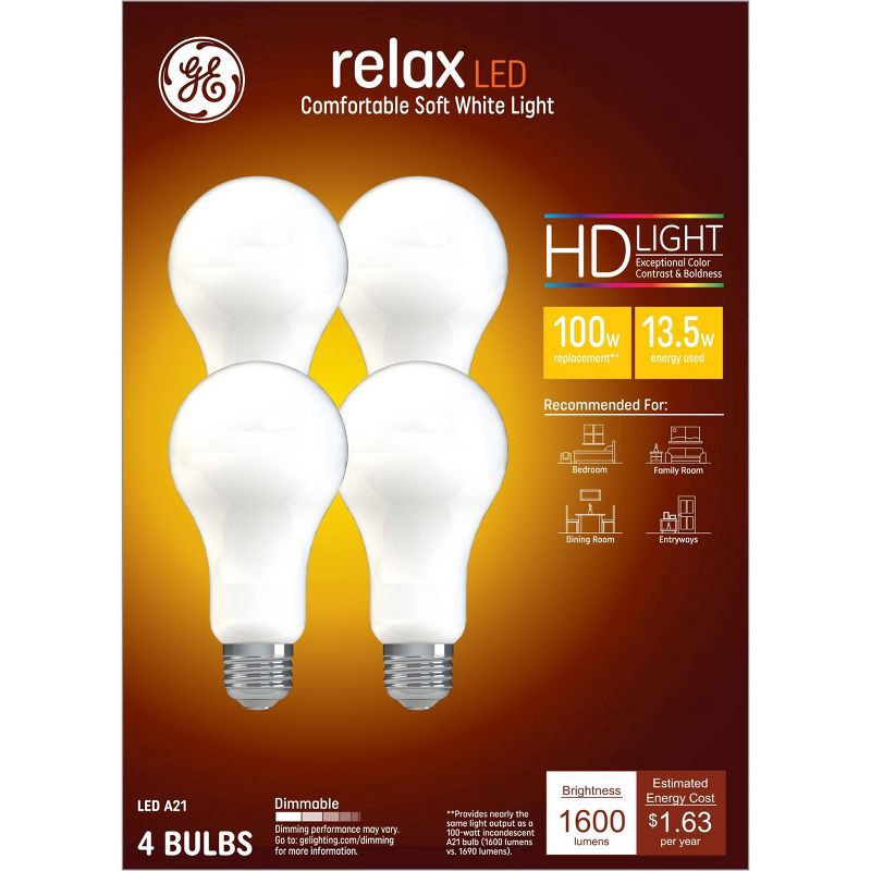 slide 5 of 6, GE Household Lighting GE 4pk 13.5W 100W Equivalent Relax LED HD Light Bulbs Soft White, 4 ct