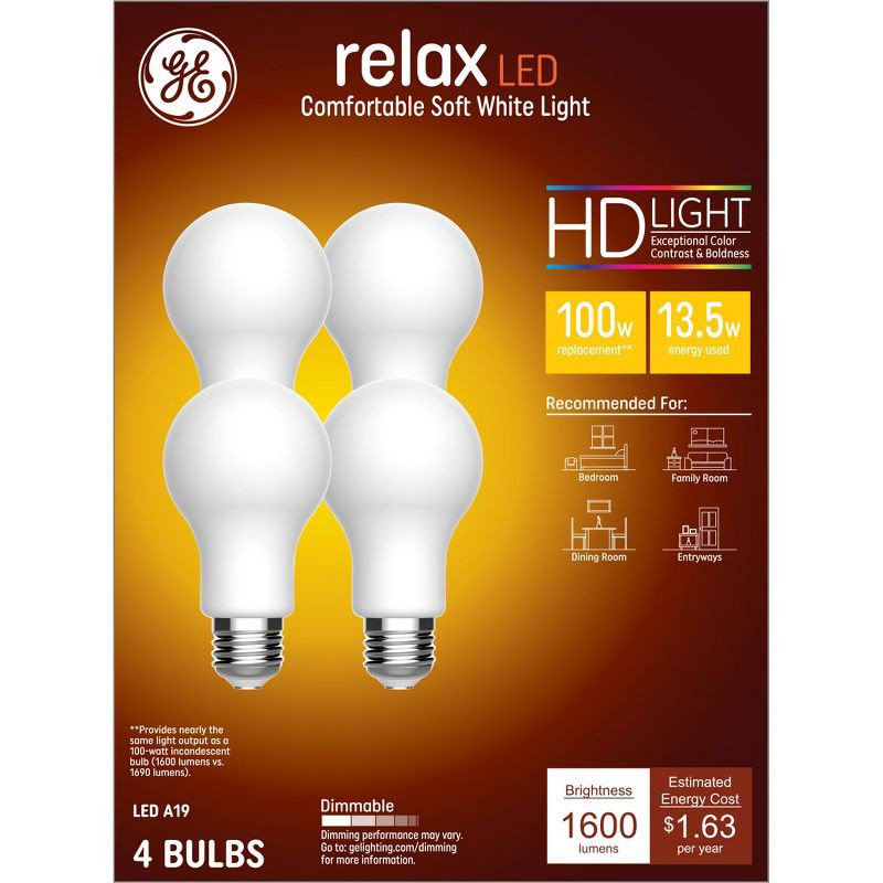 slide 1 of 7, GE Household Lighting GE 4pk 100W Relax A19 LED Light Bulbs Soft White: Dimmable, Energy Star Certified, 1600 Lumens, E26 Base, 13.7-Year Life, 4 ct