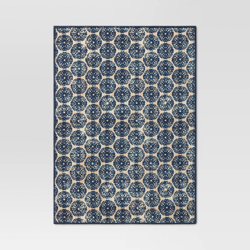slide 1 of 3, Cotton Medallion Print Placemat Blue - Threshold™: Geometric Rectangle, Traditional Dining Table Decor, 19"x14", 1 ct