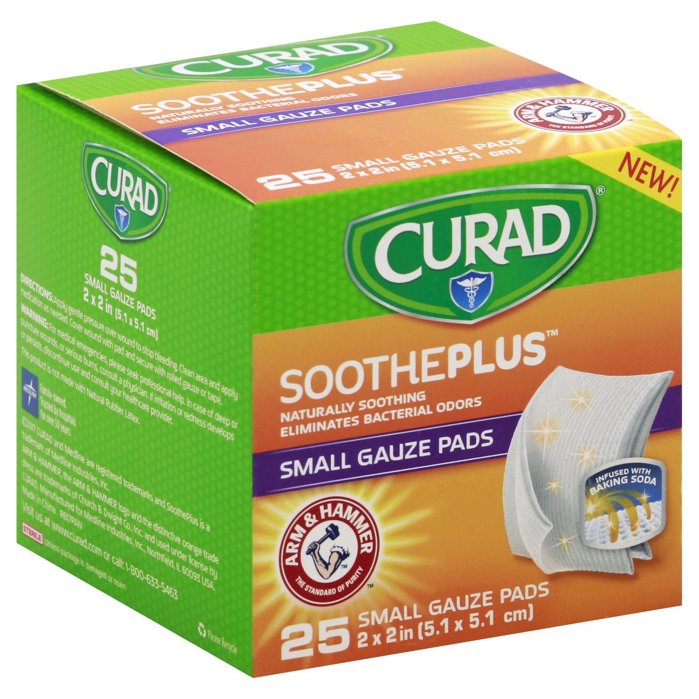 slide 1 of 1, Curad Arm & Hammer Sootheplus Small Gauze Pads 2X2, 25 ct