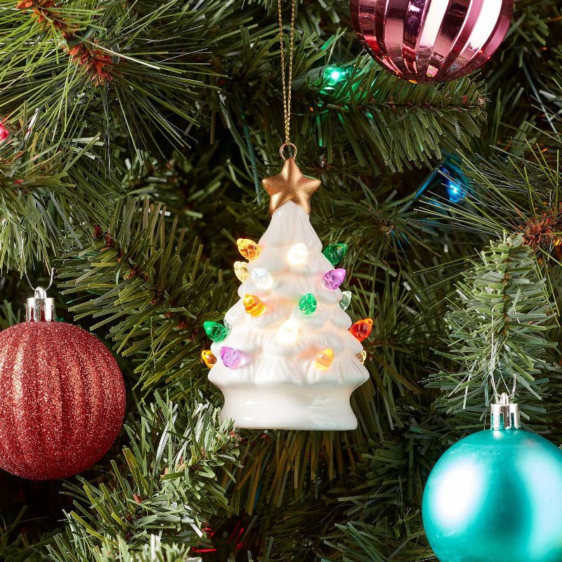 slide 2 of 3, Lit Ceramic Retro Christmas Tree Ornament White - Wondershop™: Indoor, Battery Included, 1 ct