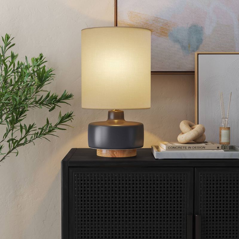 slide 1 of 9, 17"x9.5" Ceramic Table Lamp with Wood Base - Threshold™: Linen Shade, No Assembly Required, 1 ct