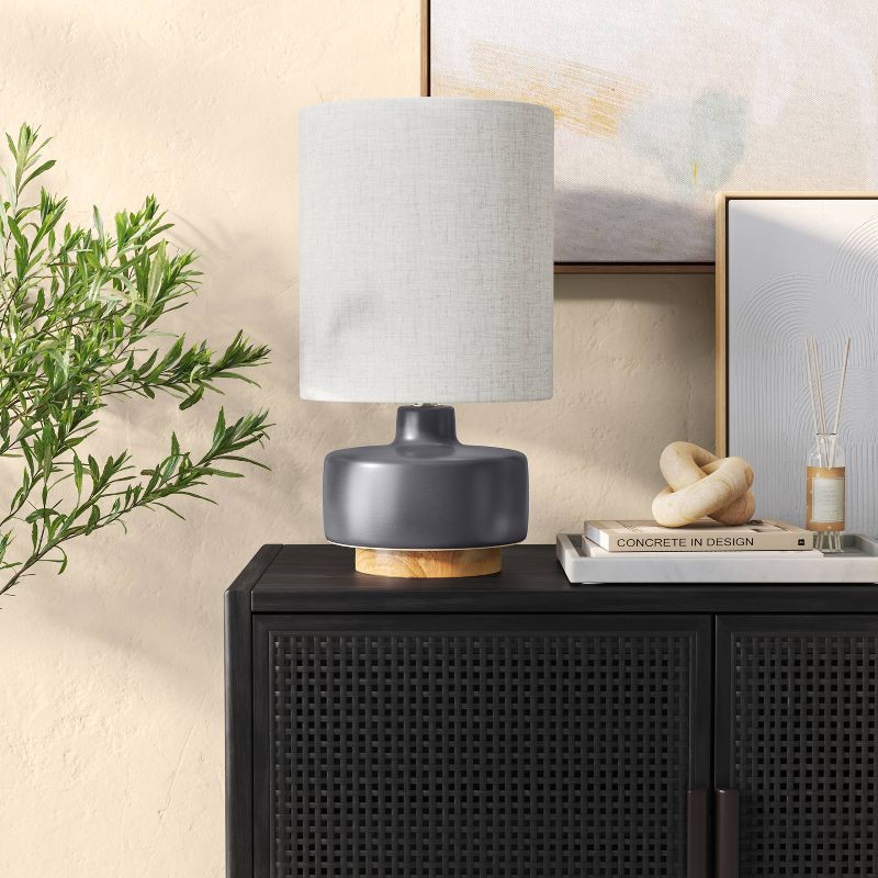 slide 3 of 9, 17"x9.5" Ceramic Table Lamp with Wood Base - Threshold™: Linen Shade, No Assembly Required, 1 ct