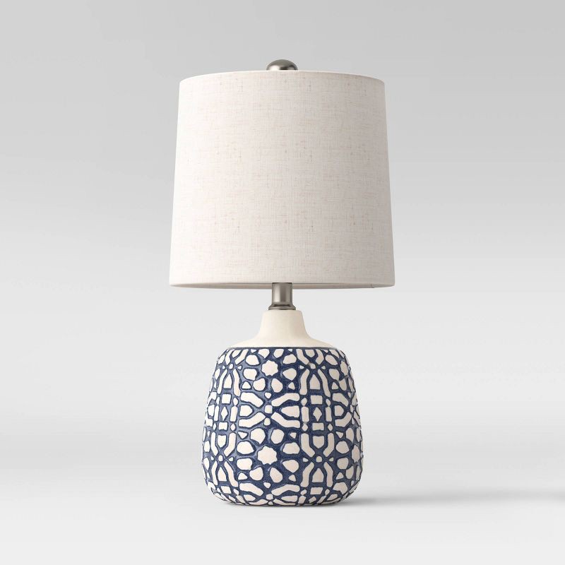 slide 2 of 4, 17.5"x9" Assembled Ceramic Table Lamp Blue - Threshold™: Bud-Shaped Base, Off-White Drum Shade, UL Listed, 1 ct