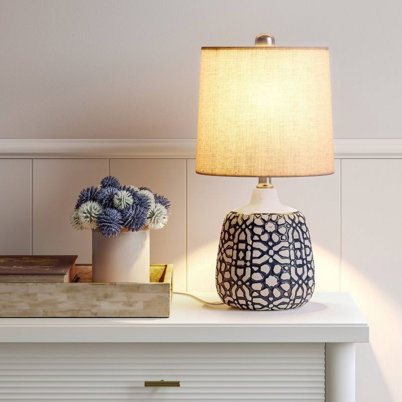 slide 3 of 4, 17.5"x9" Assembled Ceramic Table Lamp Blue - Threshold™: Bud-Shaped Base, Off-White Drum Shade, UL Listed, 1 ct