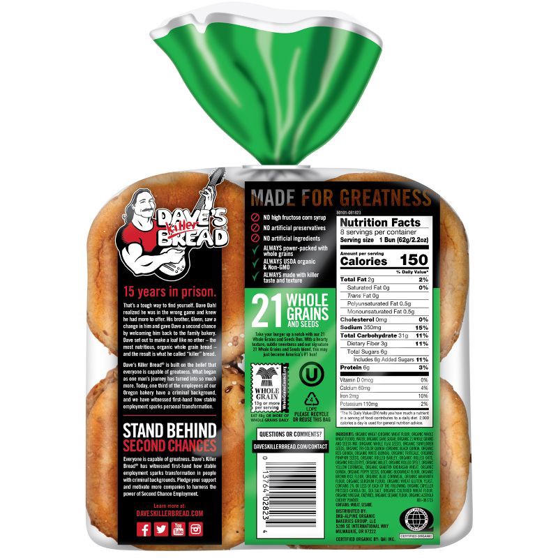 slide 12 of 16, Dave's Killer Bread Organic 21 Whole Grain & Seeds Hamburger Buns - 16oz, 16 oz