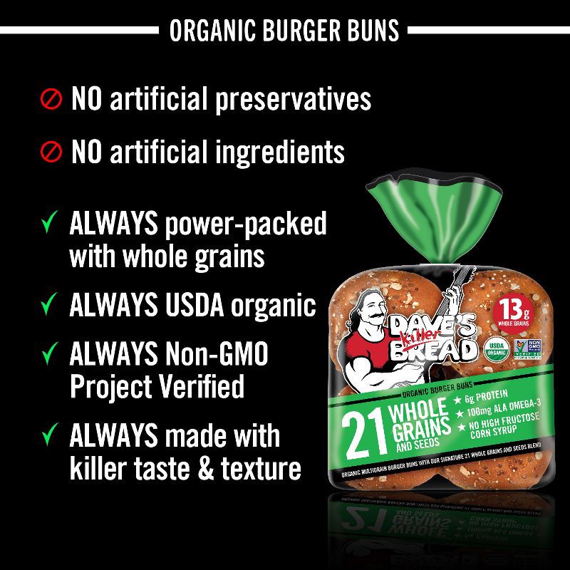 slide 4 of 16, Dave's Killer Bread Organic 21 Whole Grain & Seeds Hamburger Buns - 16oz, 16 oz