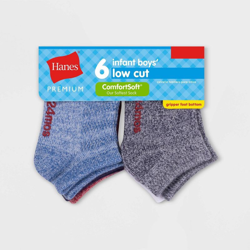 slide 2 of 3, Hanes Premium Hanes Baby Boys' 6pk Low Cut Super Soft Socks - 6-12M: Breathable Knit, Nonslip Grippers, Lightweight Fabric, 6 ct