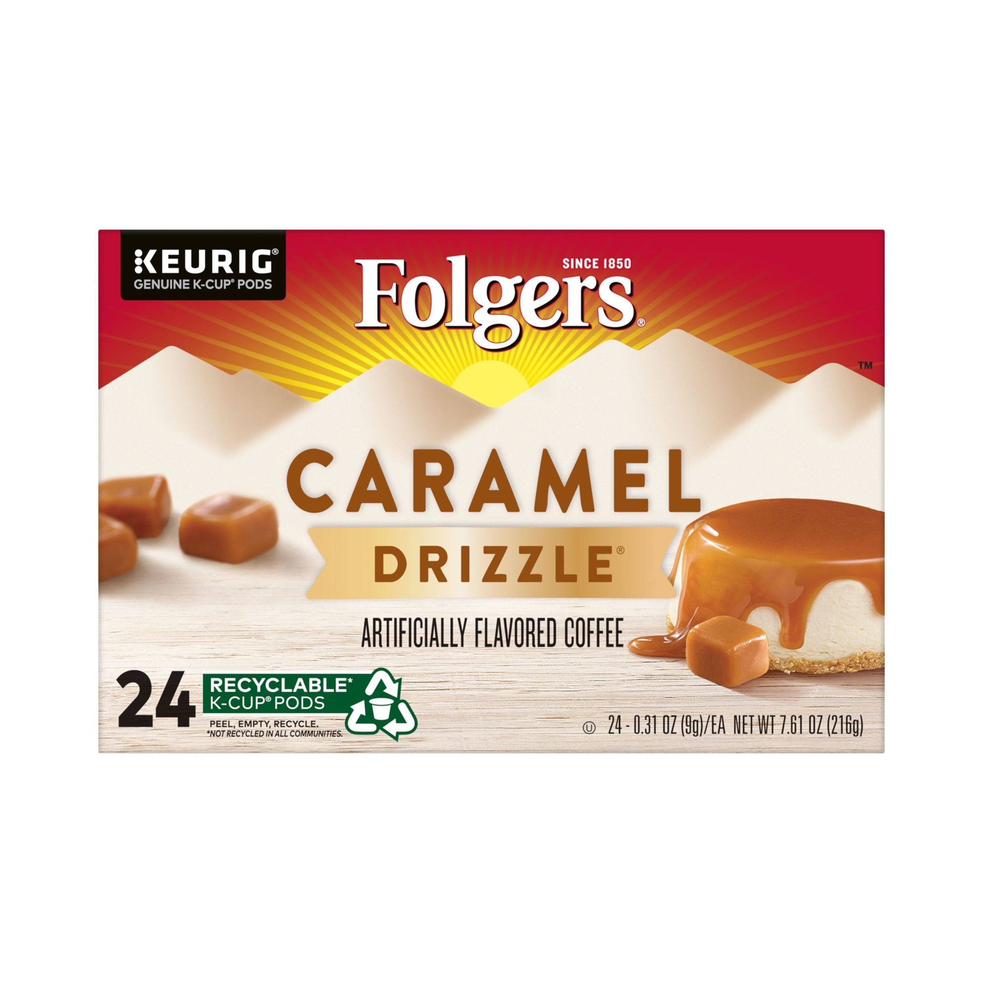 slide 1 of 7, Folgers Caramel Drizzle Dark Roast Coffee Pods, 24 ct