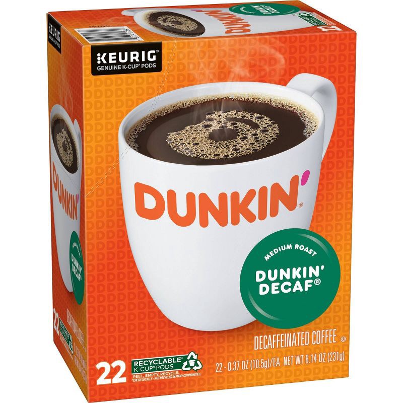 slide 8 of 10, Dunkin' Donuts Dunkin' Dunkin' Decaf Medium Roast Coffee - Keurig K-Cup Pods - 22ct, 22 ct