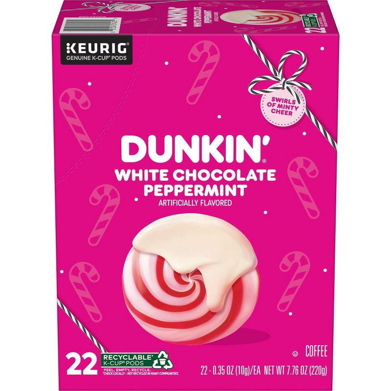 slide 1 of 8, Dunkin' Donuts Dunkin' White Chocolate Peppermint Artificially Flavored Medium Roast Keurig K-Cup Coffee Pods - 22ct, 22 ct