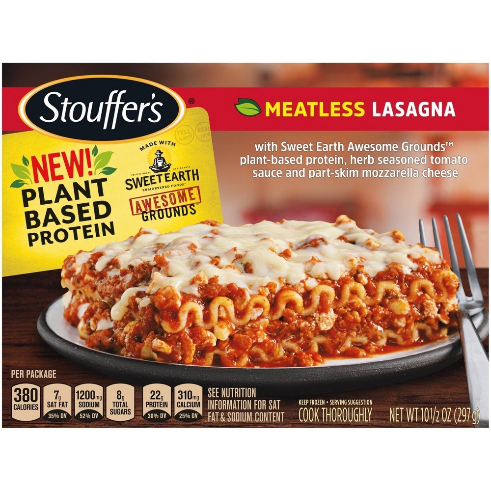 slide 2 of 9, Stouffer's Frozen Plant Based Protein Frozen Meatless Lasagna, 10.5 oz