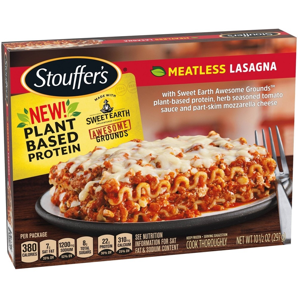 slide 3 of 9, Stouffer's Frozen Plant Based Protein Frozen Meatless Lasagna, 10.5 oz