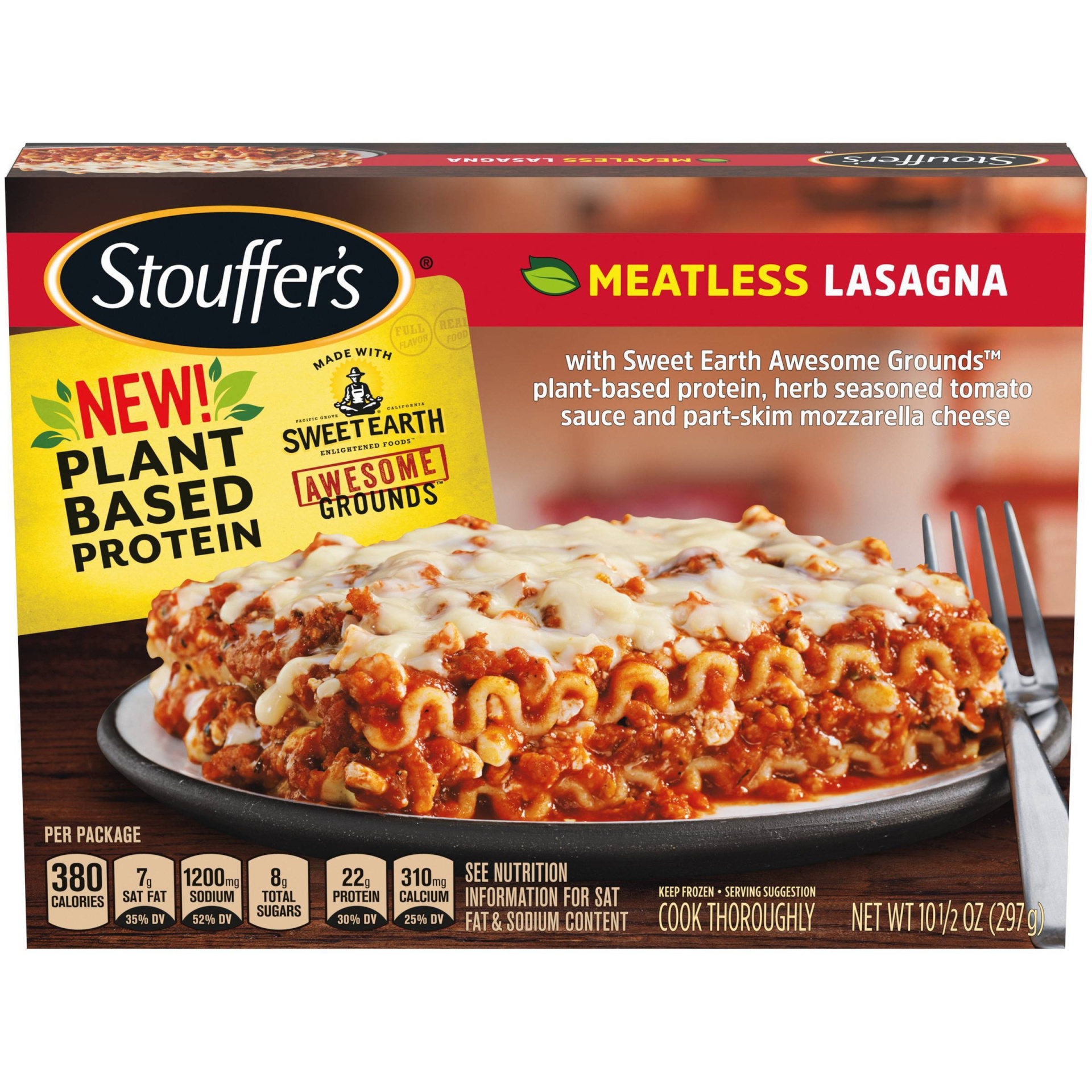 slide 1 of 9, Stouffer's Frozen Plant Based Protein Frozen Meatless Lasagna, 10.5 oz