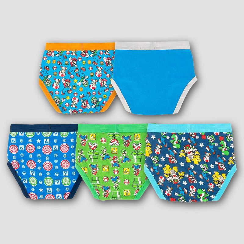 slide 2 of 5, Boys' Mario 5pk Underwear - 4: Super Mario Classic Patterns Briefs, Cotton, Full Waistband Elastic, 5 ct