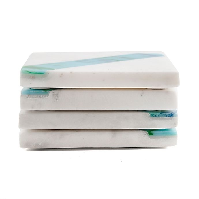 slide 2 of 2, Thirstystone Diagonal Stripe Marble Coasters - White/Teal, 4 ct