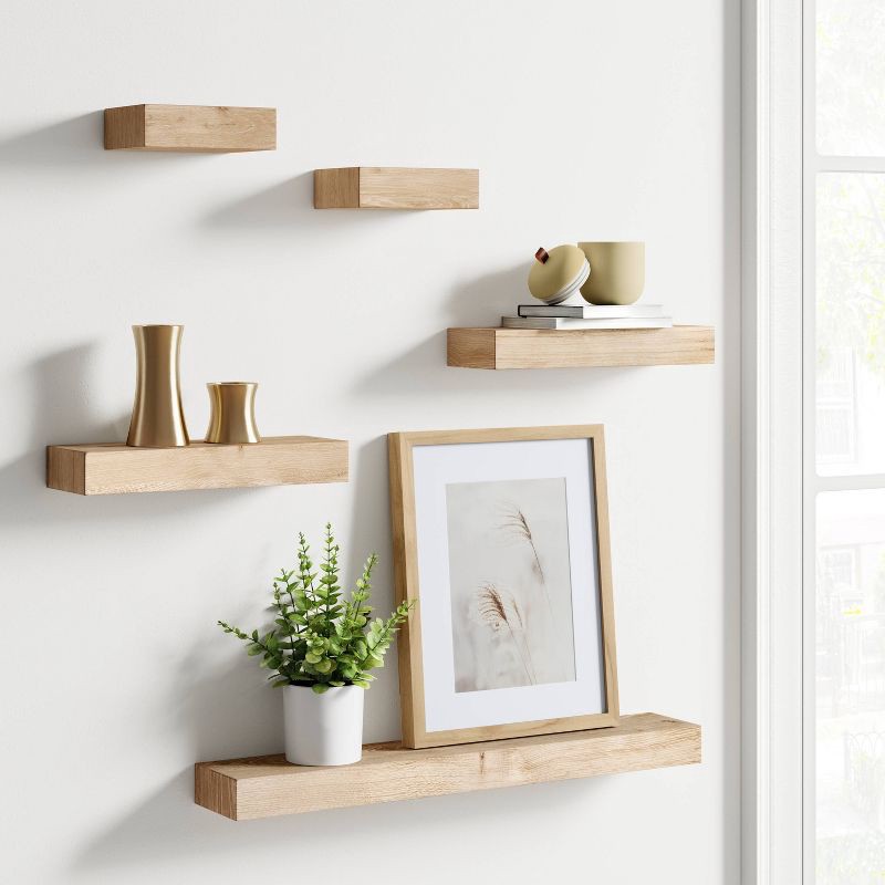 slide 2 of 5, Set of 5 Wall Shelf Natural - Threshold™: Modern MDF Floating Shelving, Includes Mounting Hardware, 1 ct