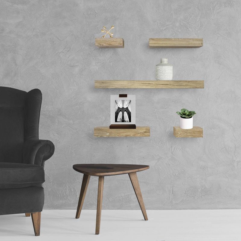 slide 5 of 5, Set of 5 Wall Shelf Natural - Threshold™: Modern MDF Floating Shelving, Includes Mounting Hardware, 1 ct