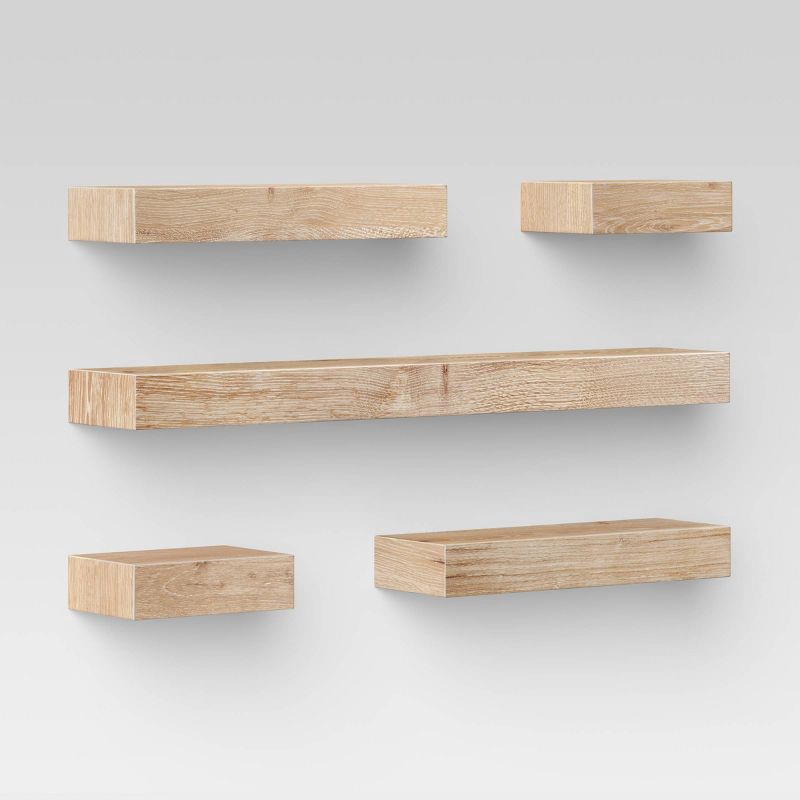 slide 1 of 5, Set of 5 Wall Shelf Natural - Threshold™: Modern MDF Floating Shelving, Includes Mounting Hardware, 1 ct