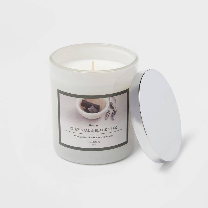 slide 2 of 3, Milky Glass Charcoal & Black Teak Lidded Jar Candle 11oz - Threshold™: Modern Decor Scented Candle, 11 oz