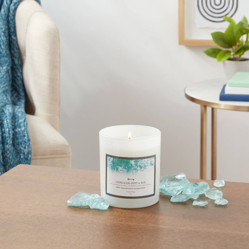 slide 2 of 3, Milky Glass Cerulean Surf & Sea Lidded Jar Candle 11oz - Threshold™: Ocean Aroma, Metal Lid, 35hr Burn Time, 11 oz