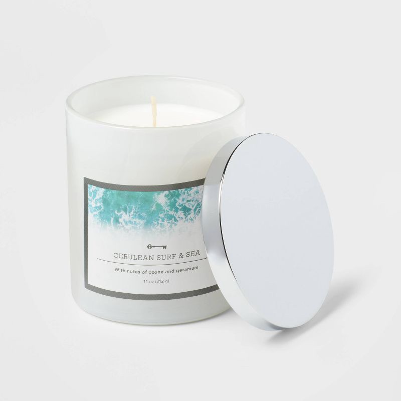 slide 3 of 3, Milky Glass Cerulean Surf & Sea Lidded Jar Candle 11oz - Threshold™: Ocean Aroma, Metal Lid, 35hr Burn Time, 11 oz