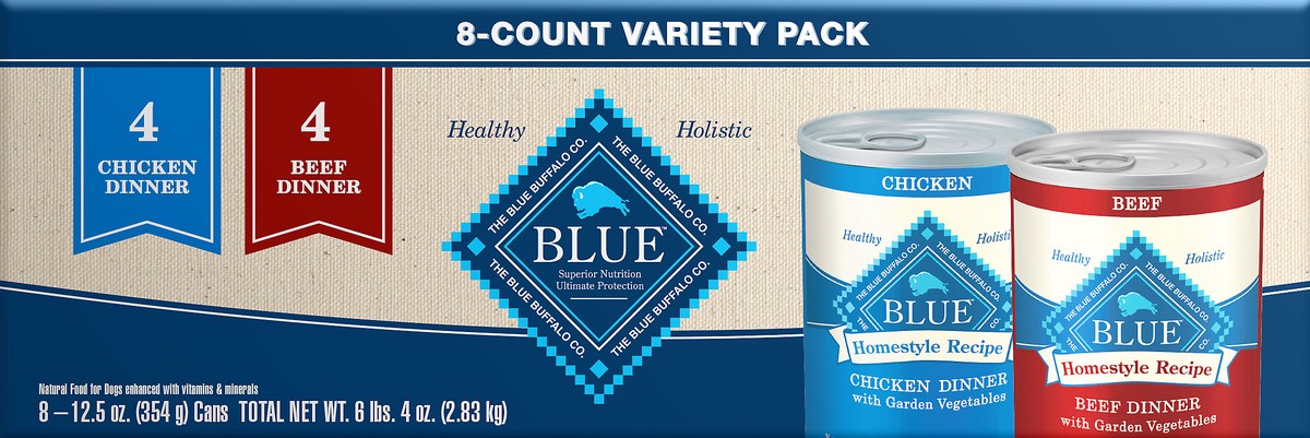 slide 2 of 8, Blue Buffalo Blue Homestyle Recipe Variety Pack Chicken Dinner Beef Dinner Food for Dogs 8-12.5 oz, 8 ct