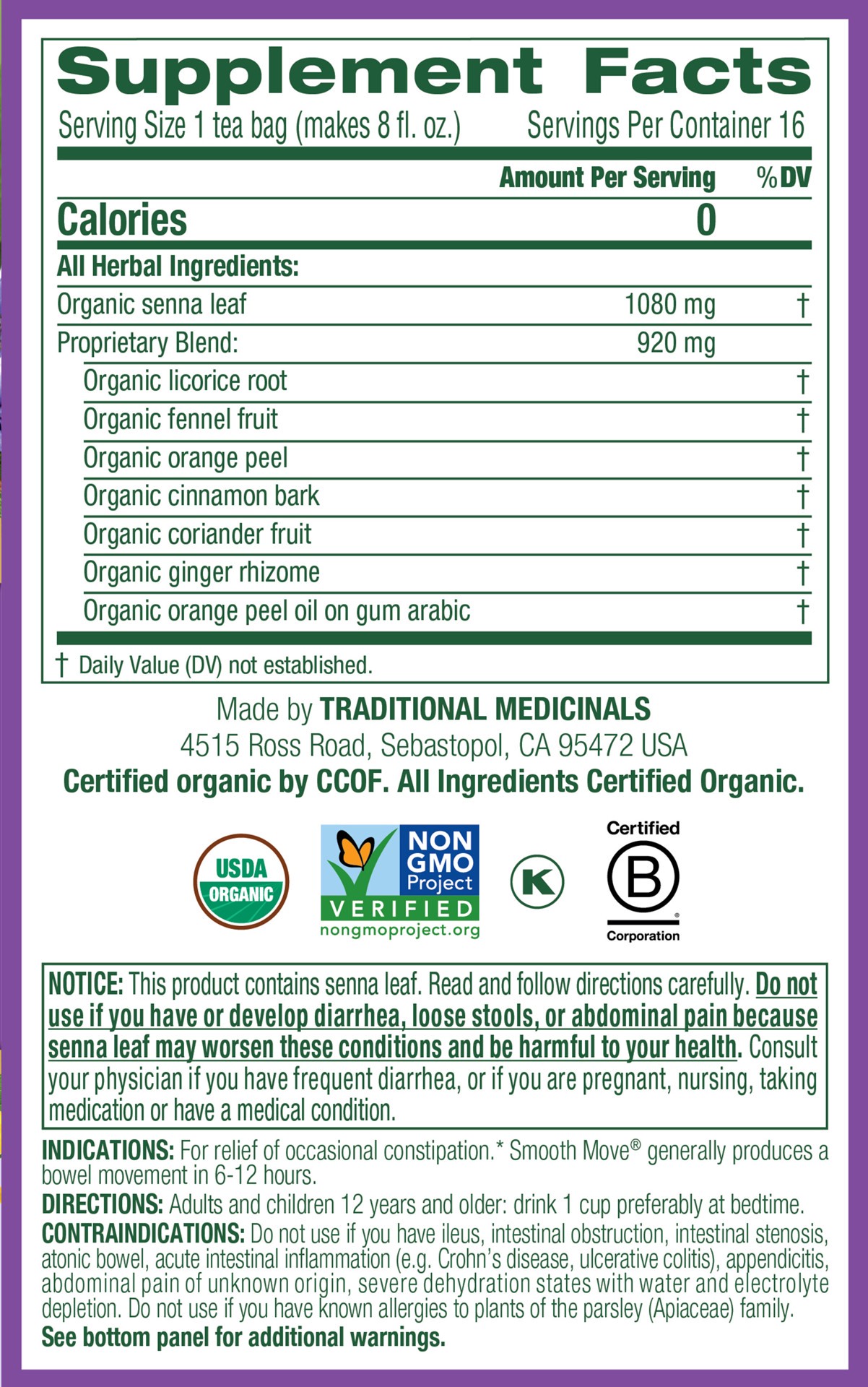 slide 3 of 4, Traditional Medicinals Organic Smooth Move, Caffeine Free Herbal Laxative Tea, 16 ct