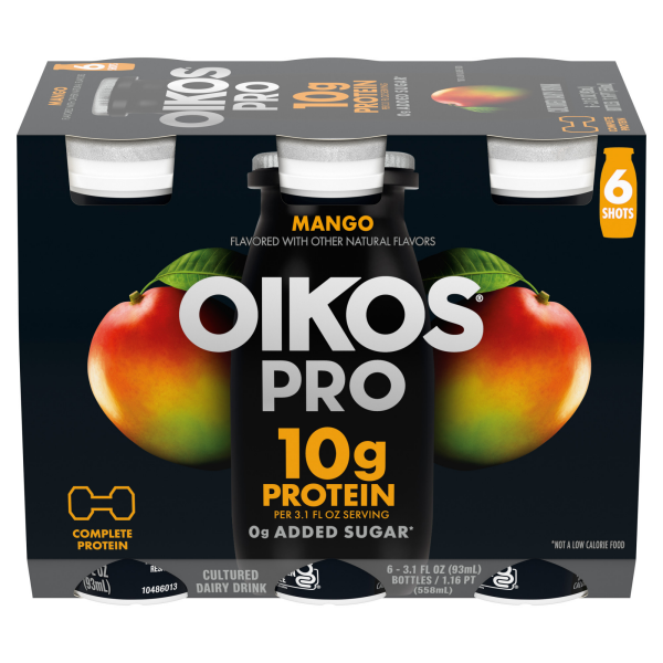 slide 2 of 3, Oikos Pro Mango Dairy Drink, 10g of Protein, 0g Added Sugar, Convenient High Protein Snack, 6ct, 3.1 Fl Oz Bottle, 6 ct; 3.10 fl. oz