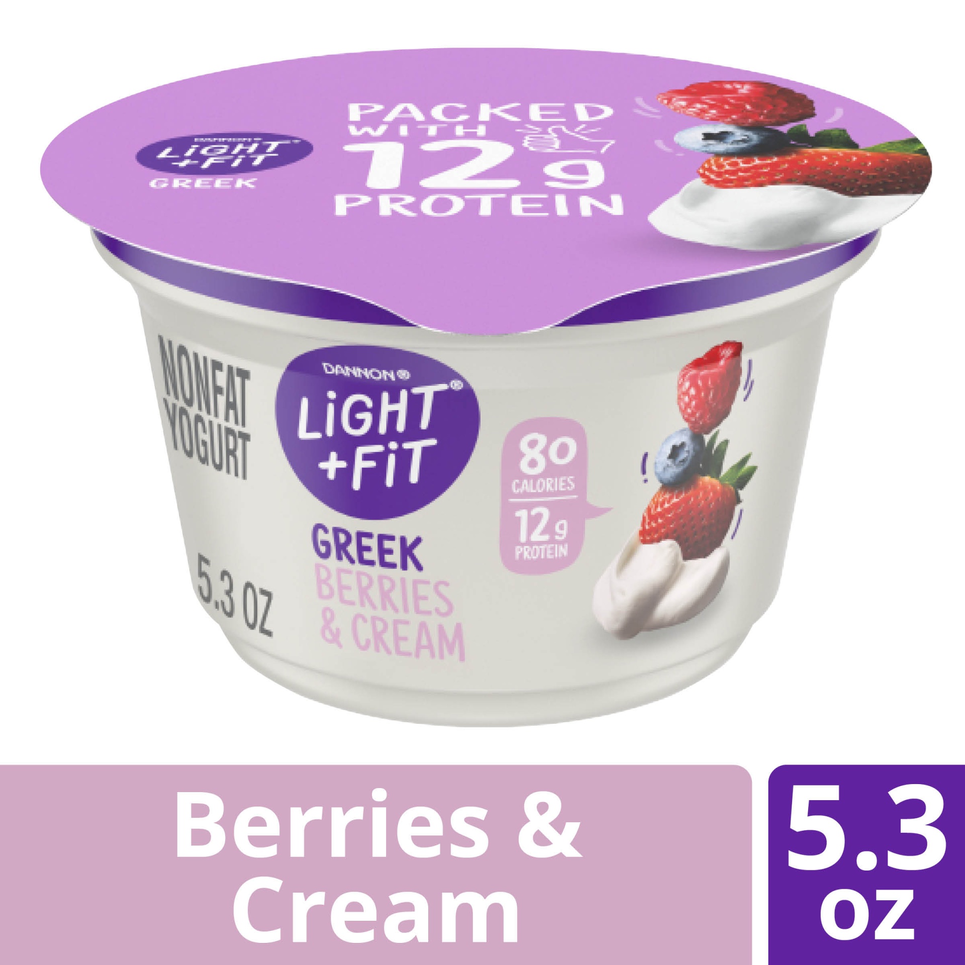 slide 1 of 1, Light + Fit Nonfat Gluten-Free Berries & Cream Greek Yogurt, 5.3 oz