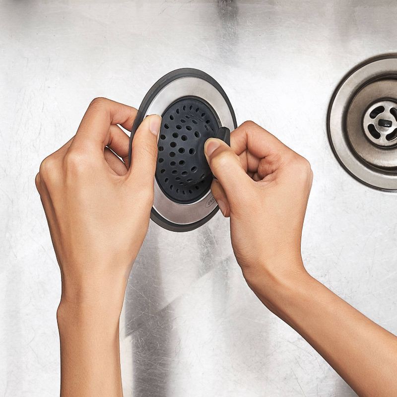 slide 5 of 6, OXO Sink Stopper: Stainless Steel & Silicone Kitchen Drain Plug, 4.5" Diameter, Lifetime Warranty, 1 ct