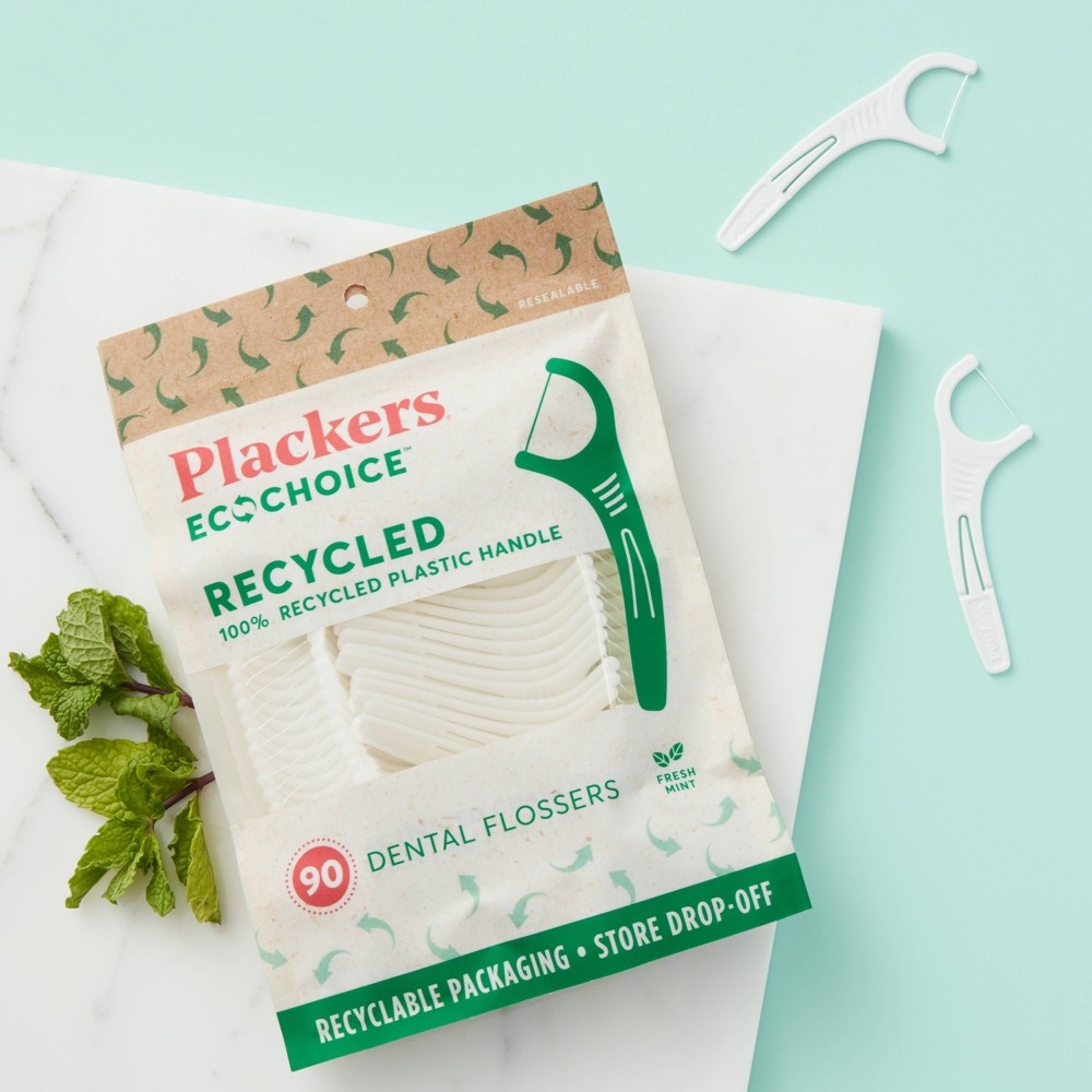 slide 5 of 7, Plackers EcoChoice 100% Recycled Plastic Dental Floss Picks with Fresh Mint, 90 ct