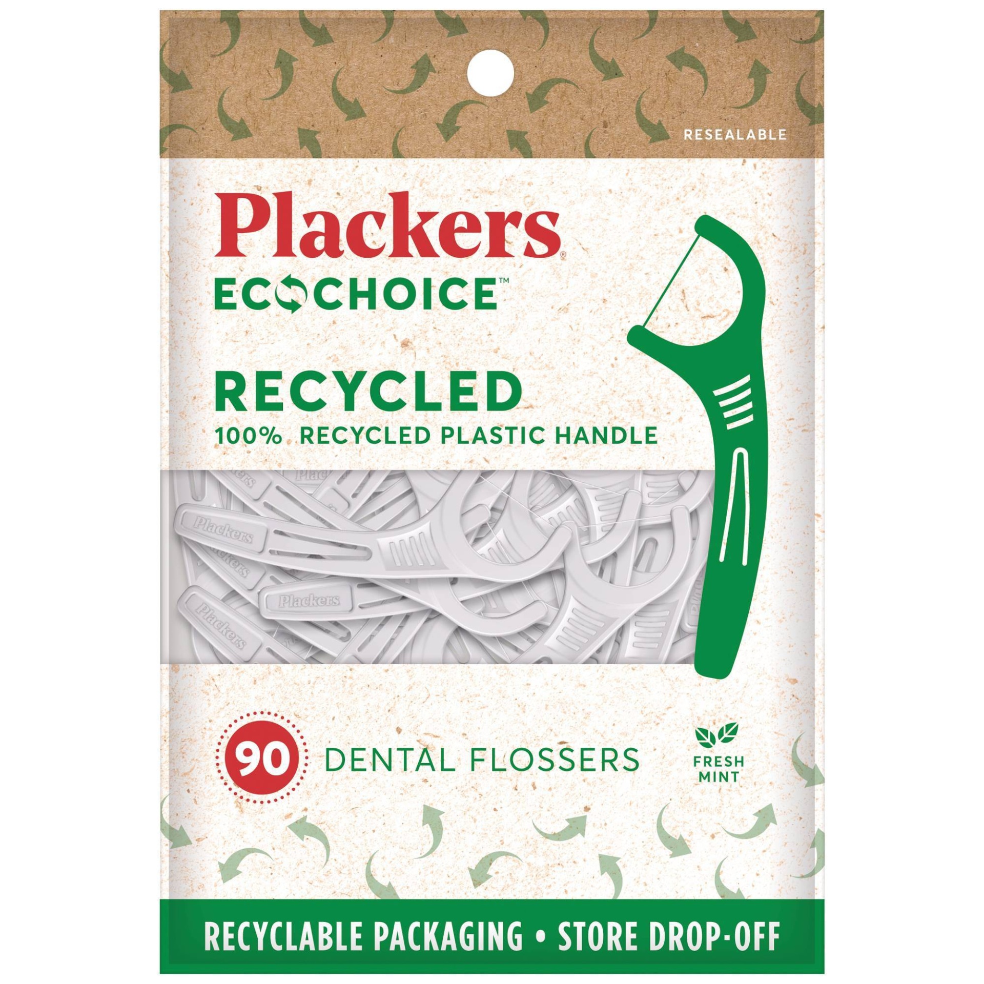 slide 1 of 7, Plackers EcoChoice 100% Recycled Plastic Dental Floss Picks with Fresh Mint, 90 ct