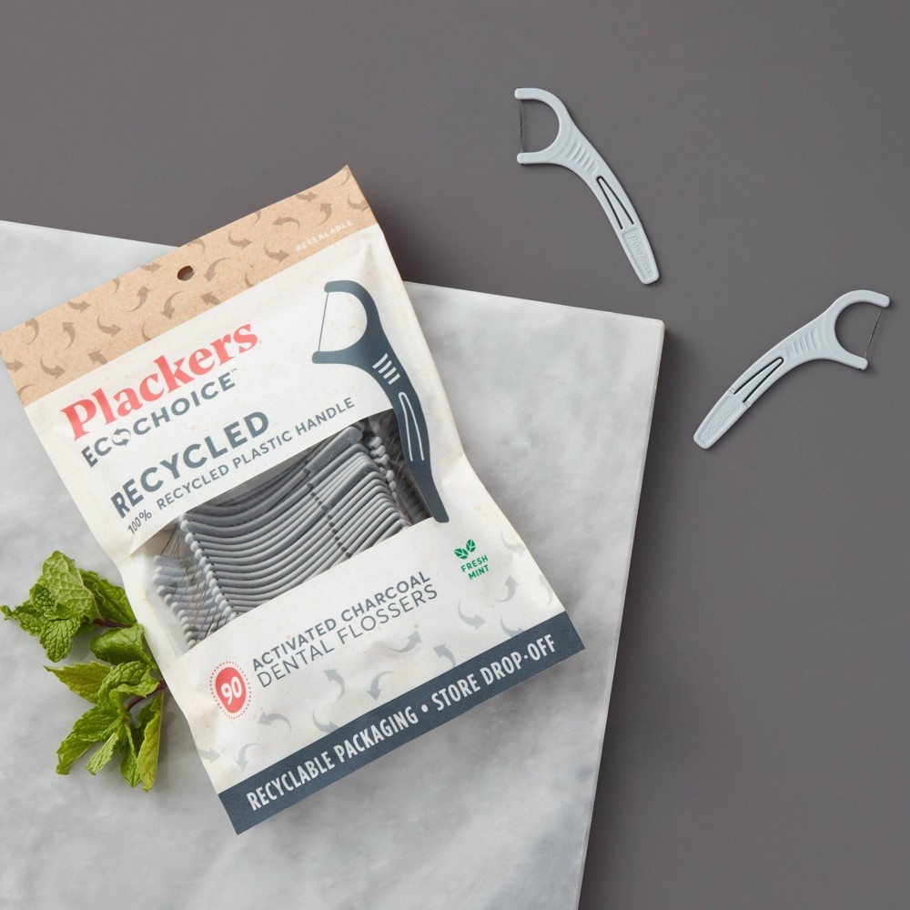 slide 5 of 7, Plackers EcoChoice 100% Recycled Plastic Activated Charcoal Dental Floss Picks, 90 ct