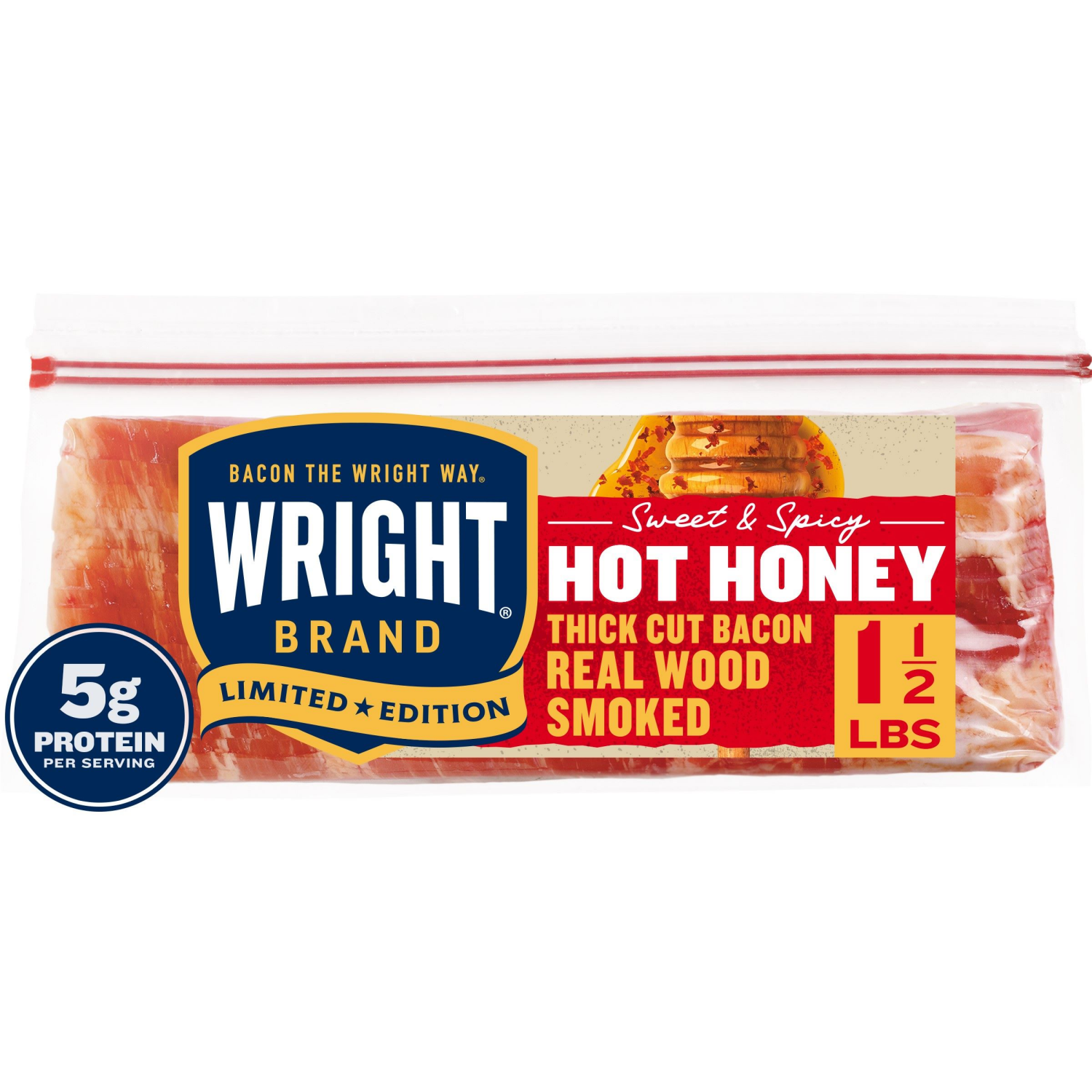 slide 1 of 1, Wright Brand Limited Edition Hot Honey Flavored Real Wood Smoked Thick Cut Bacon, 1.5 lb, 24 oz