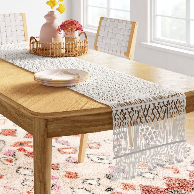 slide 2 of 3, 108" x 14" Cotton Macrame Runner White - Threshold™: Geometric Bohemian Tablecloth, Fall Decor, 1 ct