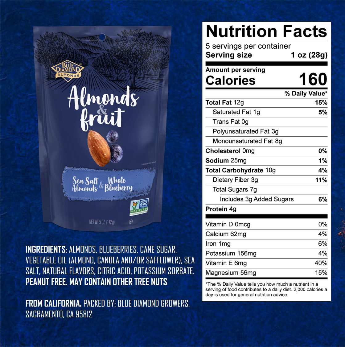 slide 2 of 2, Blue Diamond Almonds & Fruit, Sea Salt Almonds & Blueberry, 5oz Bag, 5 oz