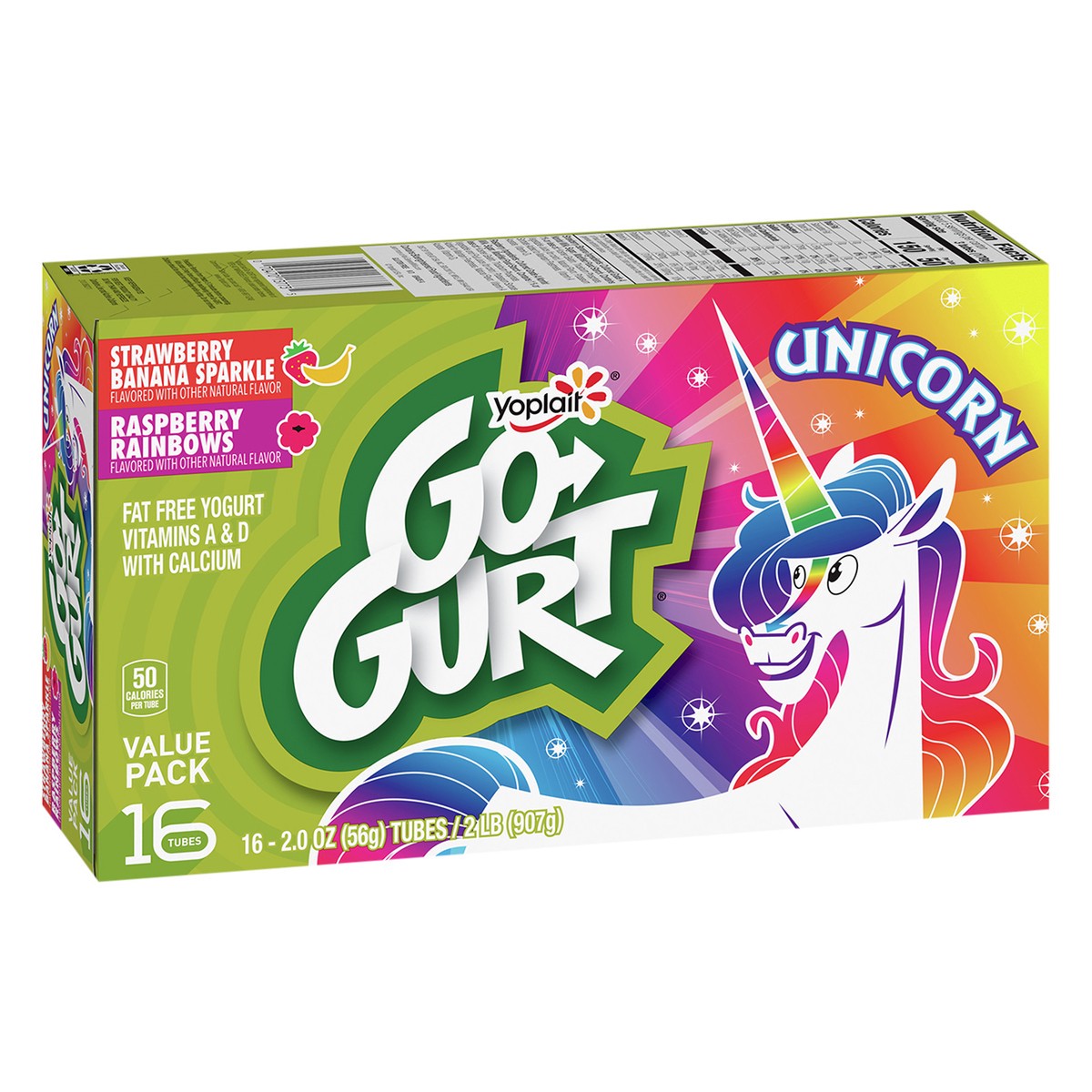 slide 6 of 10, Go-GURT Unicorn Strawberry Banana Sparkle and Raspberry Rainbows Kids Fat Free Yogurt Variety Pack, Gluten Free, 2 oz Yogurt Tubes (16 Count), 16 ct