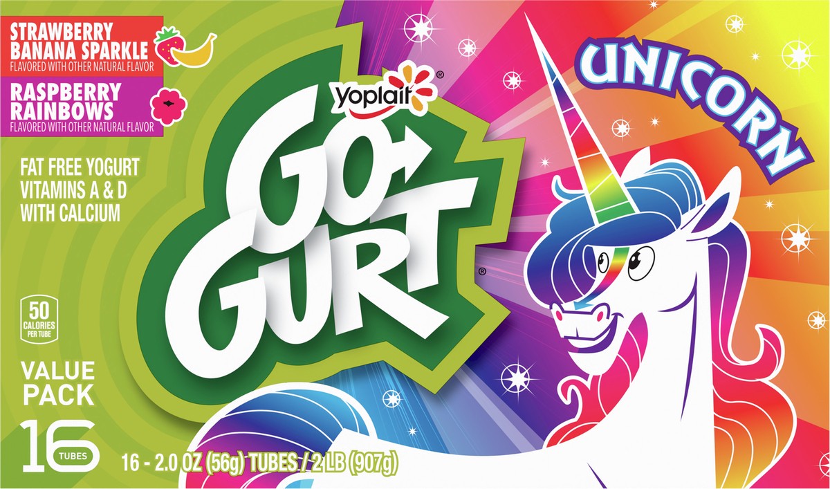 slide 2 of 10, Go-GURT Unicorn Strawberry Banana Sparkle and Raspberry Rainbows Kids Fat Free Yogurt Variety Pack, Gluten Free, 2 oz Yogurt Tubes (16 Count), 16 ct