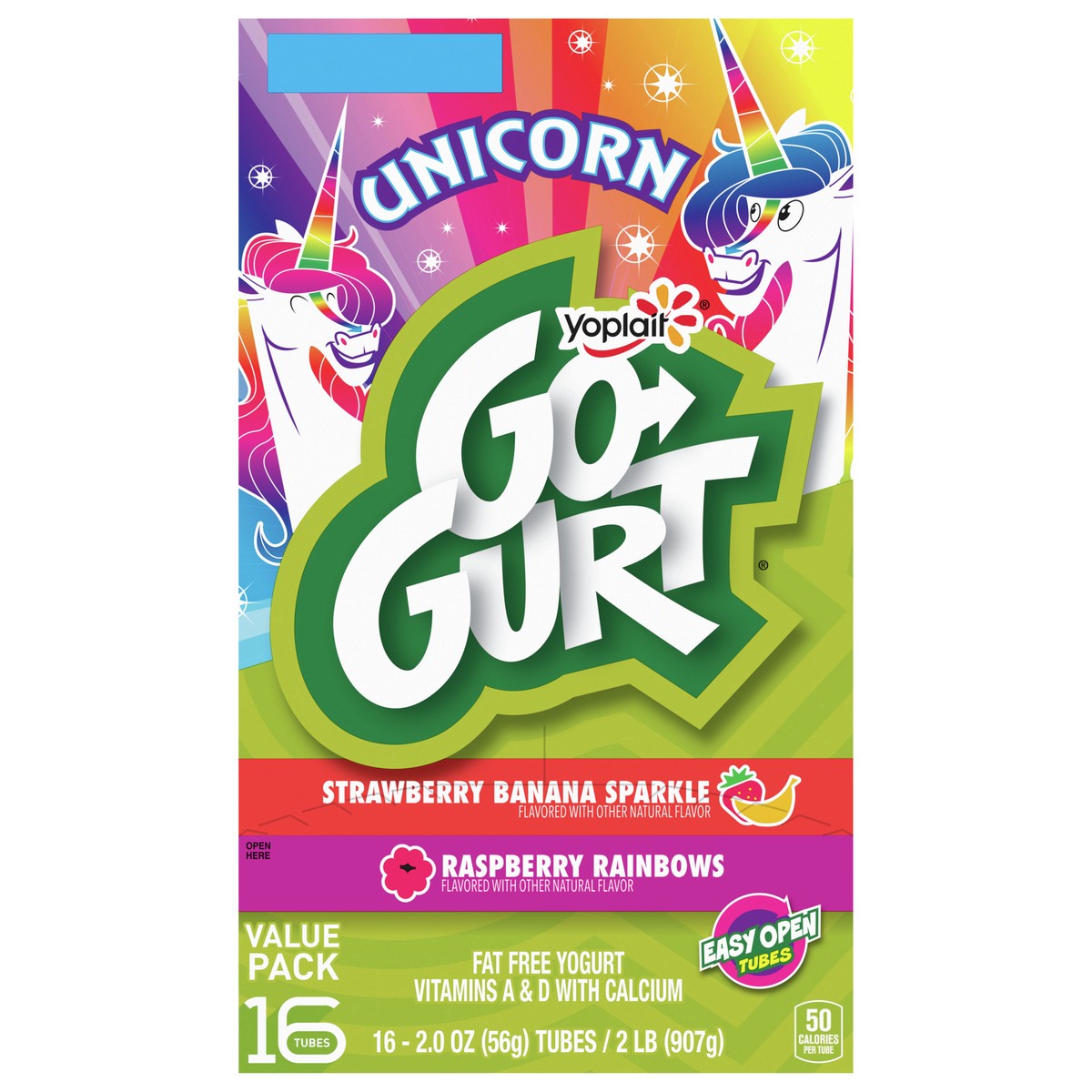 slide 1 of 10, Go-GURT Unicorn Strawberry Banana Sparkle and Raspberry Rainbows Kids Fat Free Yogurt Variety Pack, Gluten Free, 2 oz Yogurt Tubes (16 Count), 16 ct