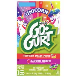 Go-GURT Unicorn Strawberry Banana Sparkle and Raspberry Rainbows Kids Fat Free Yogurt Variety Pack, Gluten Free, 2 oz Yogurt Tubes (16 Count)