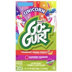 Go-GURT Unicorn Strawberry Banana Sparkle and Raspberry Rainbows Kids Fat Free Yogurt Variety Pack, Gluten Free, 2 oz Yogurt Tubes (16 Count)