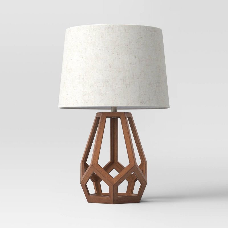 slide 2 of 4, Large Wood Geo Assembled Table Lamp Brown - Threshold™: No Assembly, UL Listed, Cotton Shade, 1 ct