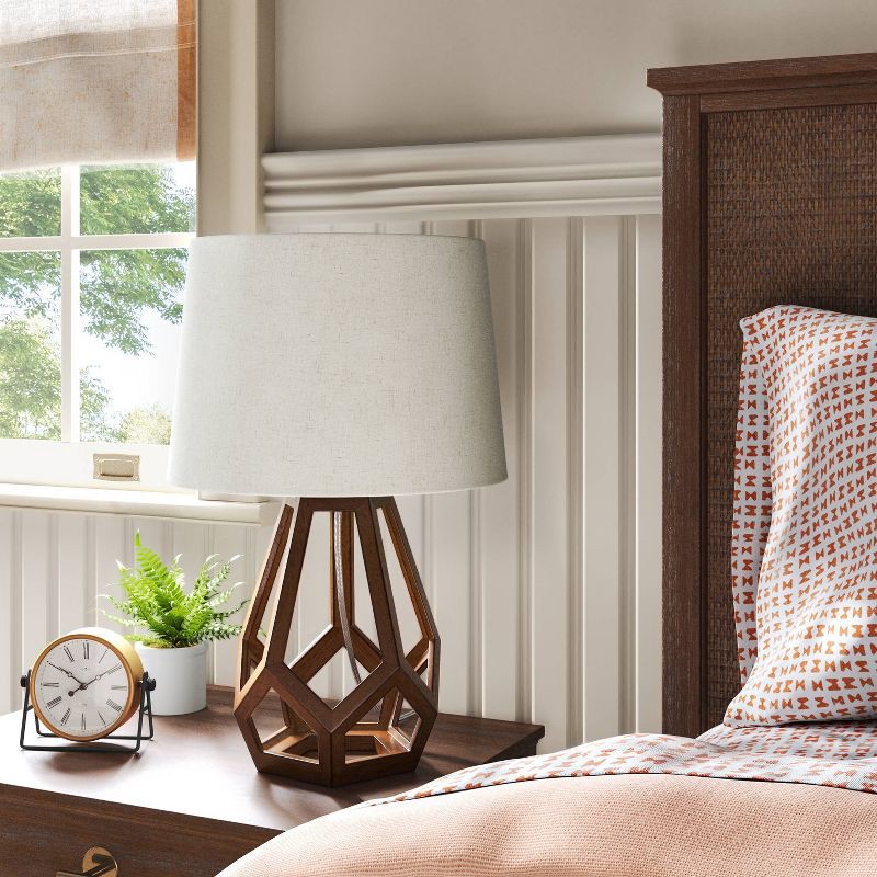 slide 3 of 4, Large Wood Geo Assembled Table Lamp Brown - Threshold™: No Assembly, UL Listed, Cotton Shade, 1 ct
