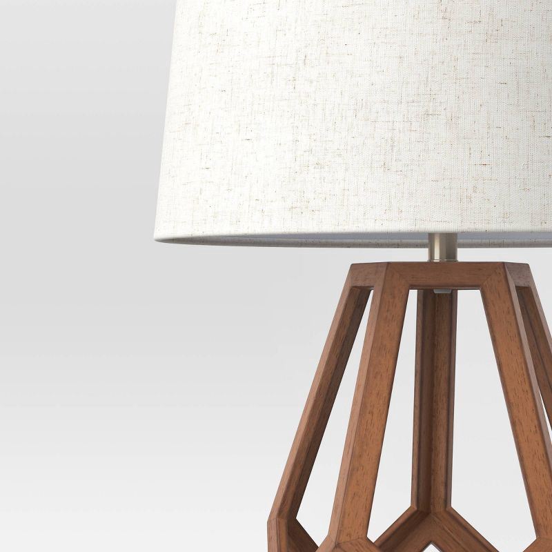 slide 4 of 4, Large Wood Geo Assembled Table Lamp Brown - Threshold™: No Assembly, UL Listed, Cotton Shade, 1 ct
