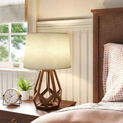 Large Wood Geo Assembled Table Lamp Brown - Threshold™: No Assembly, UL Listed, Cotton Shade