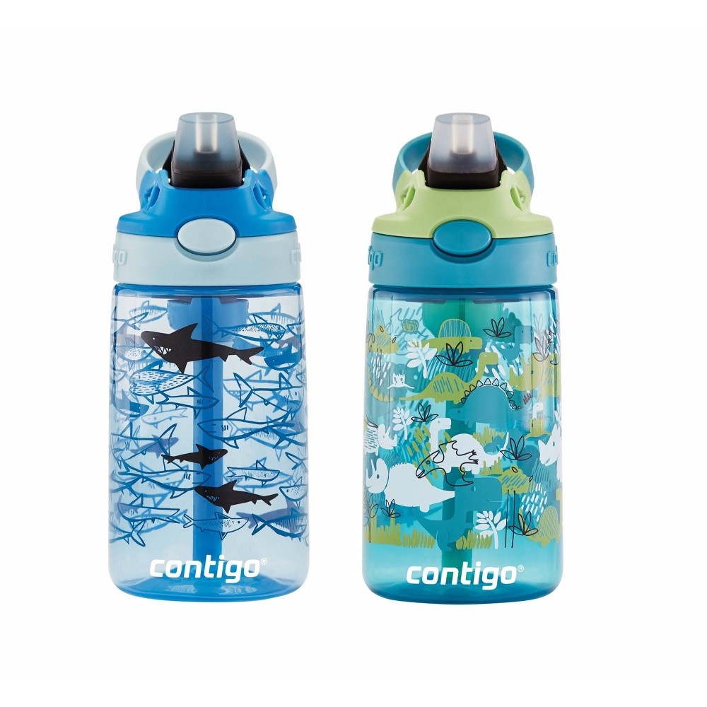 slide 2 of 7, Contigo 14oz Kids Water Bottle with Redesigned AutoSpout Straw 2-Pack Dino and Sharks, 2 ct